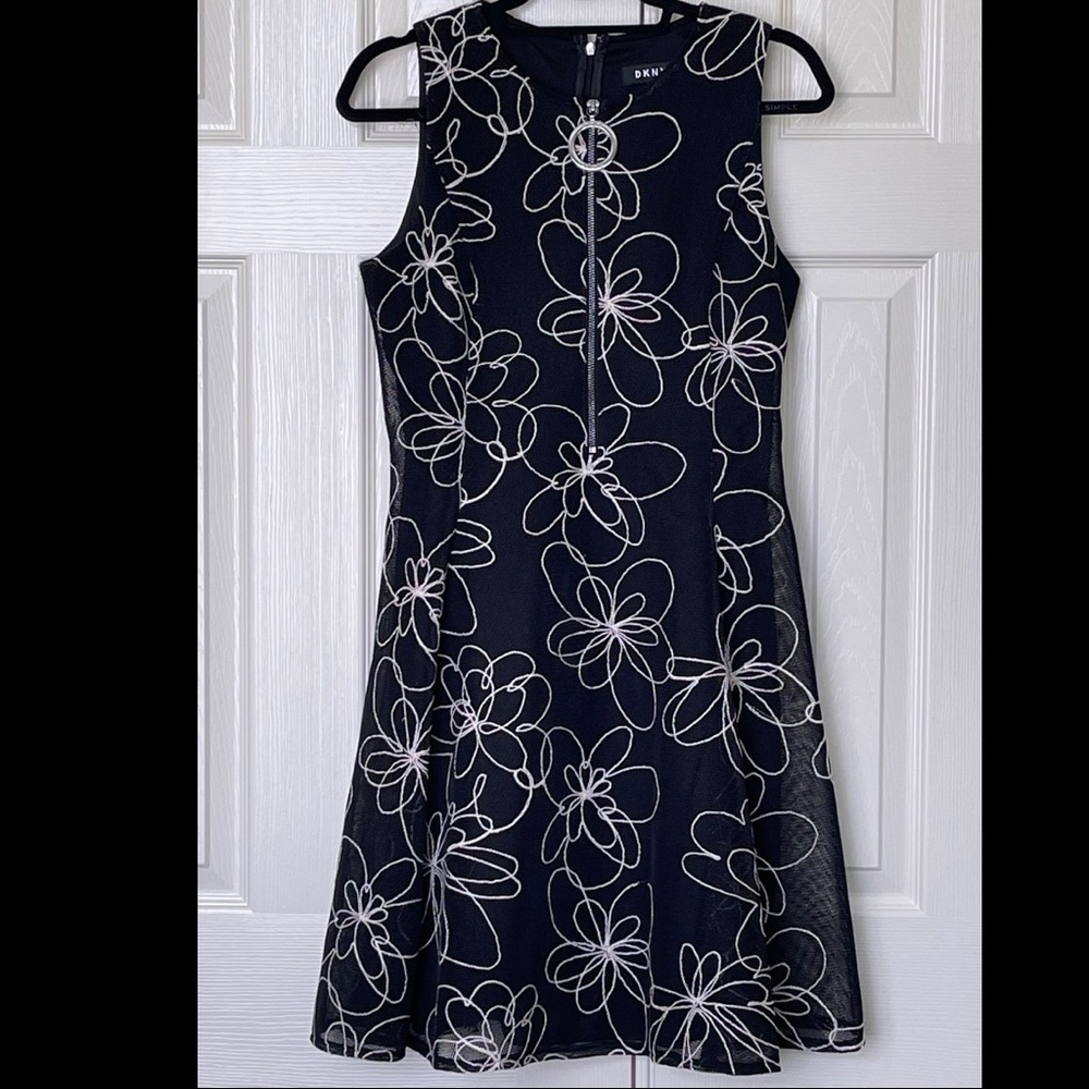 DKNY Black Fit and Flare Front Zipper Dress with embroidered toile overlay